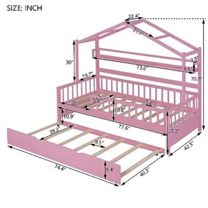 BIADNBZ Twin Size House Bed with Trundle and Storage Shelves, Wooden Kids Montessori Bed Playhouse w/Roof & Fence Rails, Tent Platform Bedframe for Girls Boys Teens,Pink