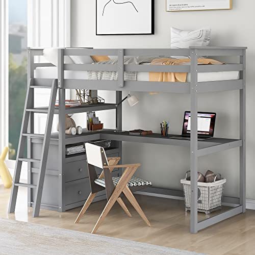 DEYOBED Twin Size Wooden Loft Bed Frame with Desk, Shelves, and Storage Drawers - Where Sleep, Study, and Storage Converge for Kids and Teens