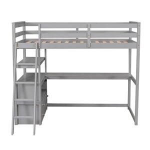 DEYOBED Twin Size Wooden Loft Bed Frame with Desk, Shelves, and Storage Drawers - Where Sleep, Study, and Storage Converge for Kids and Teens