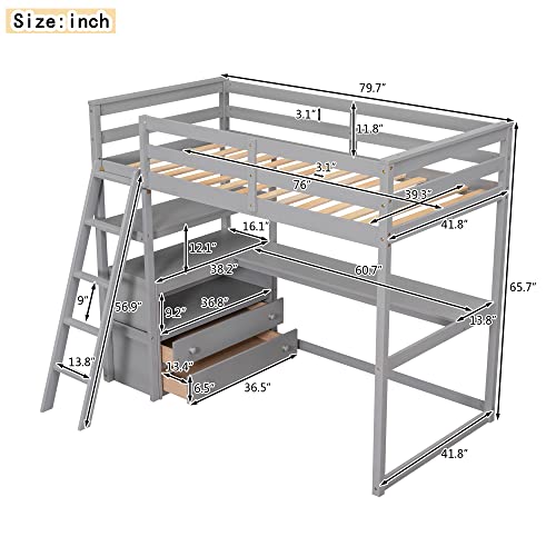 DEYOBED Twin Size Wooden Loft Bed Frame with Desk, Shelves, and Storage Drawers - Where Sleep, Study, and Storage Converge for Kids and Teens