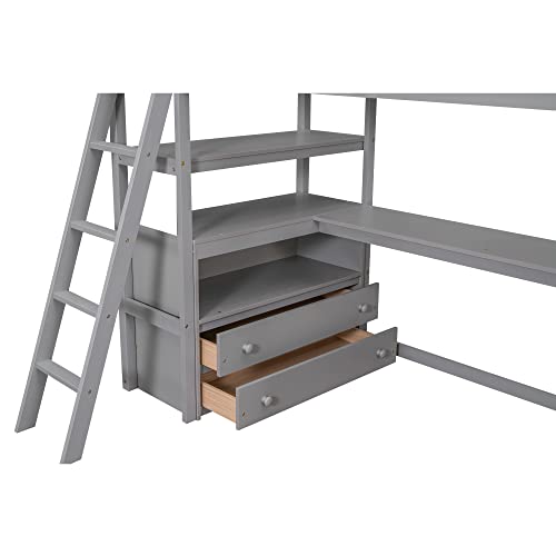 DEYOBED Twin Size Wooden Loft Bed Frame with Desk, Shelves, and Storage Drawers - Where Sleep, Study, and Storage Converge for Kids and Teens