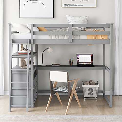 DEYOBED Twin Size Wooden Loft Bed Frame with Desk, Shelves, and Storage Drawers - Where Sleep, Study, and Storage Converge for Kids and Teens