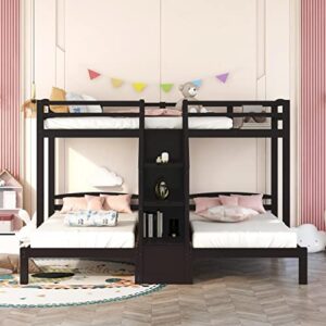 deyobed twin over twin & twin wooden triple bed bunk bed with built-in storage staircase and drawer storage board for 3 kids adults
