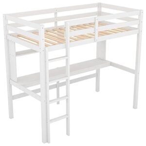 DEYOBED Twin Size Wooden Loft Bed Frame with Desk, Shelves for Kids Teens Adults