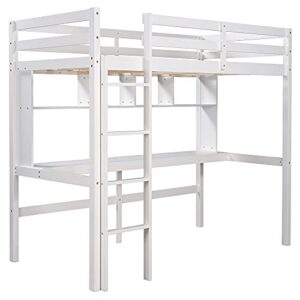 DEYOBED Twin Size Wooden Loft Bed Frame with Desk, Shelves for Kids Teens Adults