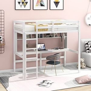 DEYOBED Twin Size Wooden Loft Bed Frame with Desk, Shelves for Kids Teens Adults