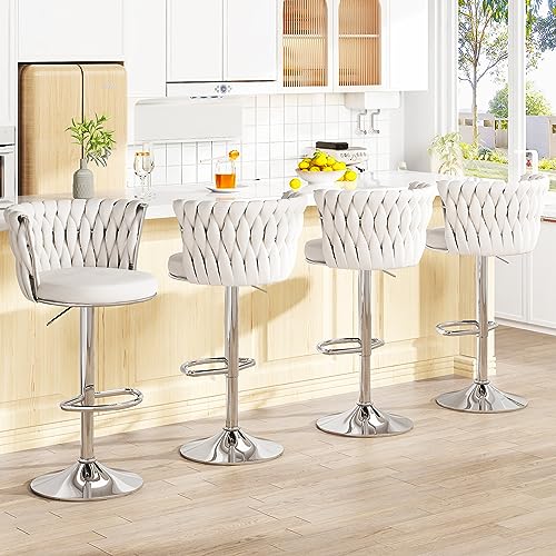 AWQM Velvet Bar Stool Set of 4,Counter Height Barstools Adjustable Kitchen Island Chairs,Swivel Bar Stools Upholstered Bar Chairs Counter Stool Armless Chairs with Back & Footrest, Beige