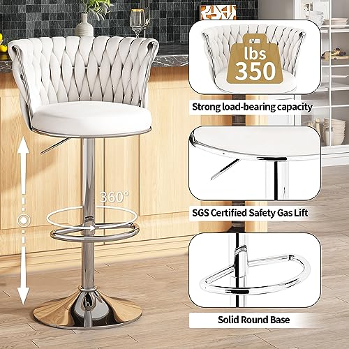 AWQM Velvet Bar Stool Set of 4,Counter Height Barstools Adjustable Kitchen Island Chairs,Swivel Bar Stools Upholstered Bar Chairs Counter Stool Armless Chairs with Back & Footrest, Beige