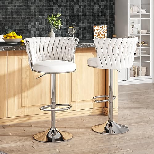 AWQM Velvet Bar Stool Set of 4,Counter Height Barstools Adjustable Kitchen Island Chairs,Swivel Bar Stools Upholstered Bar Chairs Counter Stool Armless Chairs with Back & Footrest, Beige