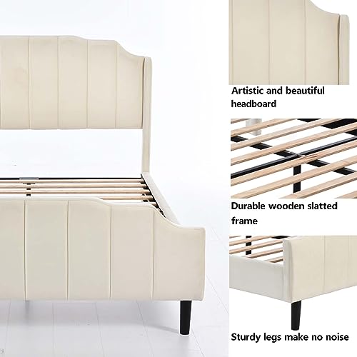 Upholstered Platform Bed, Queen Size Platform Bed Frame with Velvet Headboard & Footboard, Sturdy Wooden Slats Support, No Box Spring Needed for Bedroom Boys Girls Room Home Furniture (Beige)