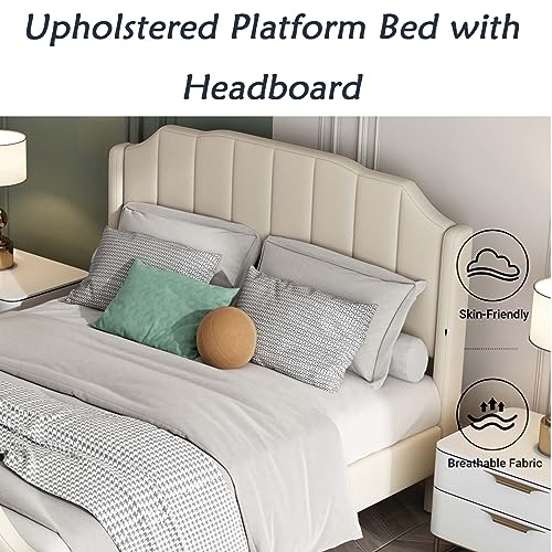 Upholstered Platform Bed, Queen Size Platform Bed Frame with Velvet Headboard & Footboard, Sturdy Wooden Slats Support, No Box Spring Needed for Bedroom Boys Girls Room Home Furniture (Beige)