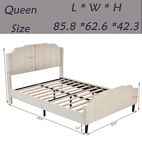 Upholstered Platform Bed, Queen Size Platform Bed Frame with Velvet Headboard & Footboard, Sturdy Wooden Slats Support, No Box Spring Needed for Bedroom Boys Girls Room Home Furniture (Beige)