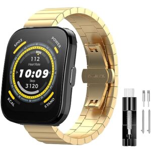 fitturn compatible with amazfit bip 5 watch band 22mm, stainless steel metal bands straps wristbands with adjustment tool for amazfit bip 5 gps smart watch men women (gold)