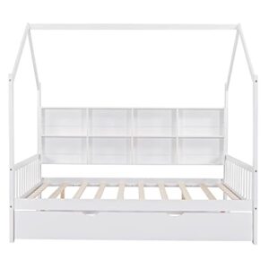 BIADNBZ Wooden Full Size House Platform Bed Frame with Trundle,Kids DayBed with Shelf for Kids/Teens,White