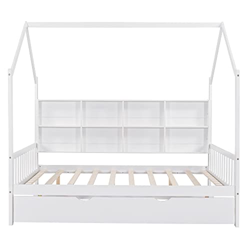 BIADNBZ Wooden Full Size House Platform Bed Frame with Trundle,Kids DayBed with Shelf for Kids/Teens,White