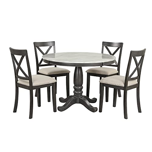 BIADNBZ Round Table Set for 4 Solid Wood Kitchen Furniture with 4 Chairs for Home/Dining Room, Grey