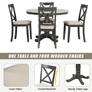 BIADNBZ Round Table Set for 4 Solid Wood Kitchen Furniture with 4 Chairs for Home/Dining Room, Grey