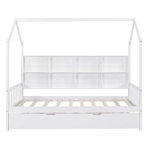BIADNBZ Twin Size House Bed with Trundle,Wooden Kids Bedframe with Storage Shelf,Roof for Kids/Bedroom,No Box Spring Required,White