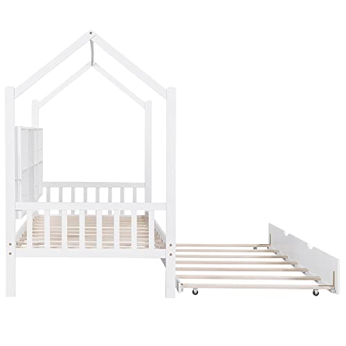 BIADNBZ Twin Size House Bed with Trundle,Wooden Kids Bedframe with Storage Shelf,Roof for Kids/Bedroom,No Box Spring Required,White