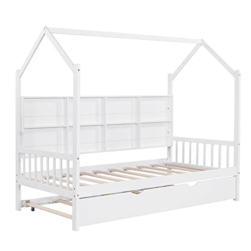 BIADNBZ Twin Size House Bed with Trundle,Wooden Kids Bedframe with Storage Shelf,Roof for Kids/Bedroom,No Box Spring Required,White