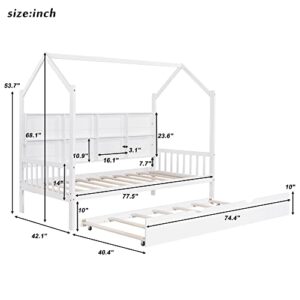 BIADNBZ Twin Size House Bed with Trundle,Wooden Kids Bedframe with Storage Shelf,Roof for Kids/Bedroom,No Box Spring Required,White