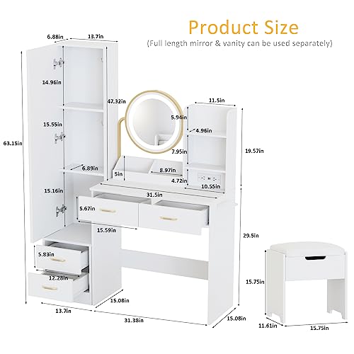 White Vanity Desk with Mirror and Lights & Full Length Mirror, Vanity Mirror with Lights Desk and Chair & Charging Station, 4 Drawers and Lots Storage Shelves