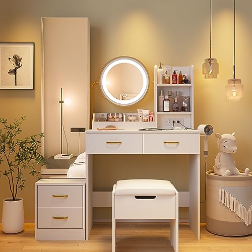 White Vanity Desk with Mirror and Lights & Full Length Mirror, Vanity Mirror with Lights Desk and Chair & Charging Station, 4 Drawers and Lots Storage Shelves