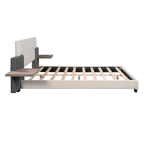 OPTOUGH Queen Size Upholstered Platform Bed with Bedside Shelves and USB Charging Design, Wooden Bedframe w/Slats Support, for Bedroom, Beige+Gray