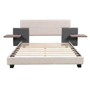 OPTOUGH Queen Size Upholstered Platform Bed with Bedside Shelves and USB Charging Design, Wooden Bedframe w/Slats Support, for Bedroom, Beige+Gray