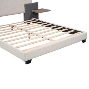 OPTOUGH Queen Size Upholstered Platform Bed with Bedside Shelves and USB Charging Design, Wooden Bedframe w/Slats Support, for Bedroom, Beige+Gray