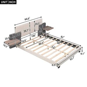 OPTOUGH Queen Size Upholstered Platform Bed with Bedside Shelves and USB Charging Design, Wooden Bedframe w/Slats Support, for Bedroom, Beige+Gray