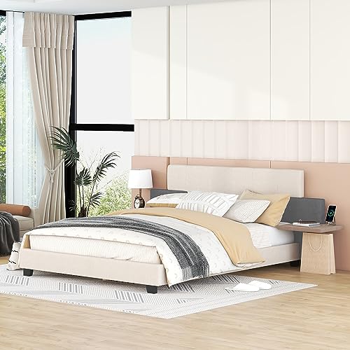 OPTOUGH Queen Size Upholstered Platform Bed with Bedside Shelves and USB Charging Design, Wooden Bedframe w/Slats Support, for Bedroom, Beige+Gray