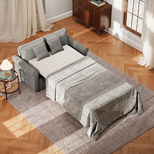 Koorlian Loveseat Sleeper Sofa Bed, Corduroy Fabric Pull Out Mattress Couch, 2 in 1 Sleeper Sofa Couch with Memory Foam, 2 Seater Loveseat Sofa Sleeper for Small Space, Living Room, Apartment, Grey