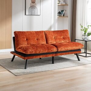 convertible folding futon sofa bed sleeper couch for living room breathable lounge couch with adjustable back and metal legs, upholstered chenille loveseat for compact space（orange）