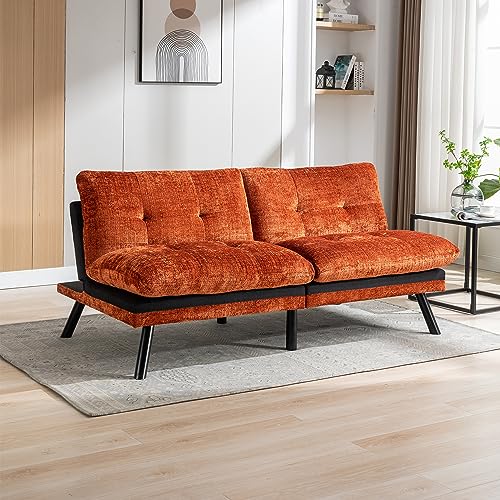 Convertible Folding Futon Sofa Bed Sleeper Couch for Living Room Breathable Lounge Couch with Adjustable Back and Metal Legs, Upholstered Chenille Loveseat for Compact Space（Orange）