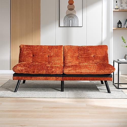 Convertible Folding Futon Sofa Bed Sleeper Couch for Living Room Breathable Lounge Couch with Adjustable Back and Metal Legs, Upholstered Chenille Loveseat for Compact Space（Orange）