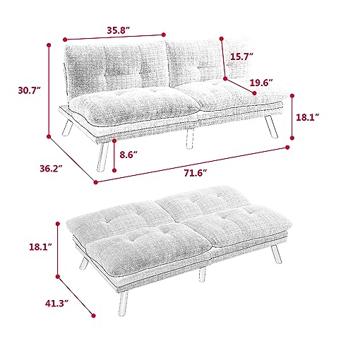 Convertible Folding Futon Sofa Bed Sleeper Couch for Living Room Breathable Lounge Couch with Adjustable Back and Metal Legs, Upholstered Chenille Loveseat for Compact Space（Orange）