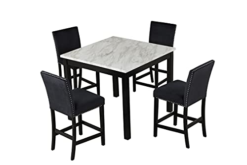 GLORHOME 4 5-Piece Counter Height Set with One Faux Dining Table and Four Upholstered-Seat Chairs for Kitchen, Black+Marble White