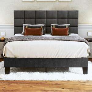 fluest queen bed frame upholstered bed frame platform with adjustable headboard linen fabric tufted headboard wooden slats support, no box spring needed, easy assembly, mattress foundation, dark grey