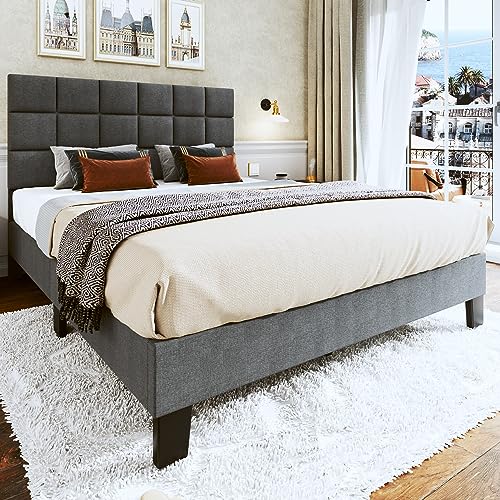Fluest Queen Bed Frame Upholstered Bed Frame Platform with Adjustable Headboard Linen Fabric Tufted Headboard Wooden Slats Support, No Box Spring Needed, Easy Assembly, Mattress Foundation, Dark Grey