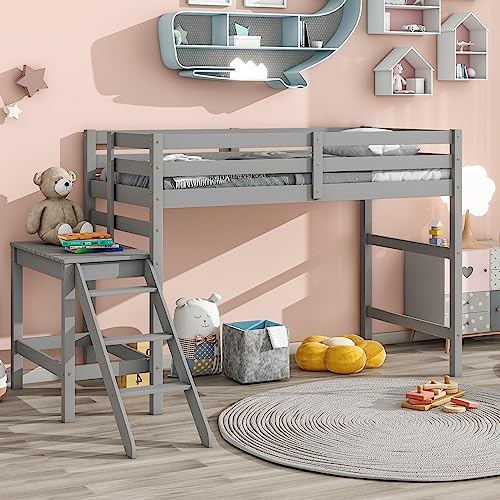 Prohon Loft Bed Twin Size with Platform & Ladder, Simple Loftbed with Large Underbed Storage Space and Full-Length Guardrails, Wooden Slat Support Loft Beds Frame, No Box Spring Needed, Grey