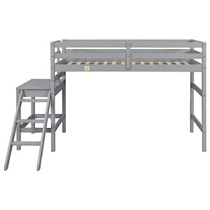 Prohon Loft Bed Twin Size with Platform & Ladder, Simple Loftbed with Large Underbed Storage Space and Full-Length Guardrails, Wooden Slat Support Loft Beds Frame, No Box Spring Needed, Grey