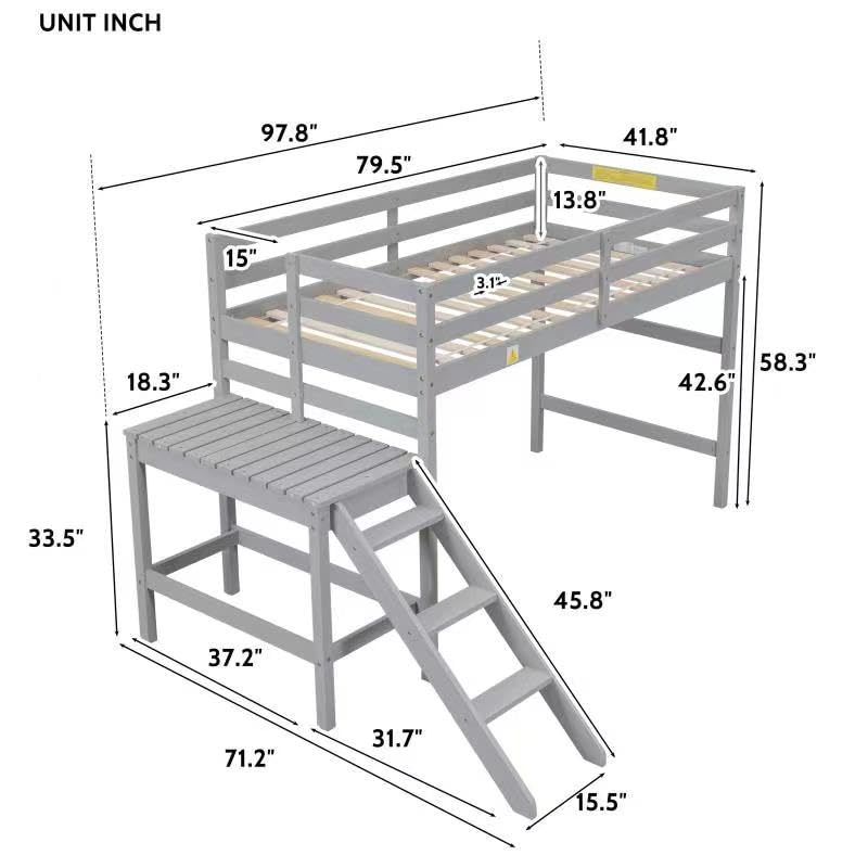 Prohon Loft Bed Twin Size with Platform & Ladder, Simple Loftbed with Large Underbed Storage Space and Full-Length Guardrails, Wooden Slat Support Loft Beds Frame, No Box Spring Needed, Grey