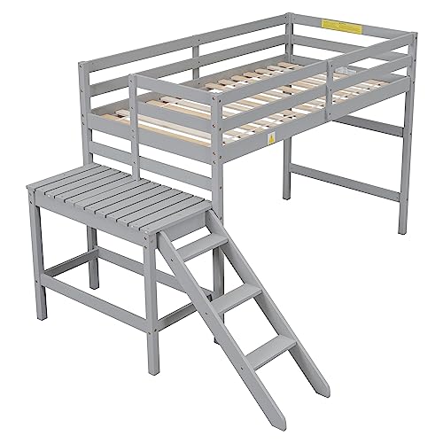 Prohon Loft Bed Twin Size with Platform & Ladder, Simple Loftbed with Large Underbed Storage Space and Full-Length Guardrails, Wooden Slat Support Loft Beds Frame, No Box Spring Needed, Grey