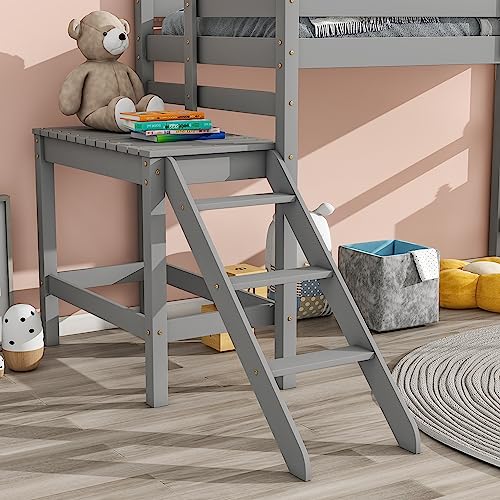 Prohon Loft Bed Twin Size with Platform & Ladder, Simple Loftbed with Large Underbed Storage Space and Full-Length Guardrails, Wooden Slat Support Loft Beds Frame, No Box Spring Needed, Grey