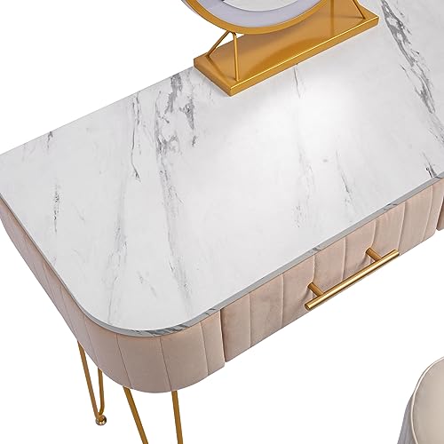 VKKILPEE 39.4" Length Flannel Soft Roll Makeup Vanity Set, Fashionable Soft Roll Makeup Table, 15.8" Touch Control 3 Brightness Options LED Mirror, Large Capacity Storage, Fashionable Soft Roll Stool