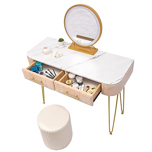 VKKILPEE 39.4" Length Flannel Soft Roll Makeup Vanity Set, Fashionable Soft Roll Makeup Table, 15.8" Touch Control 3 Brightness Options LED Mirror, Large Capacity Storage, Fashionable Soft Roll Stool