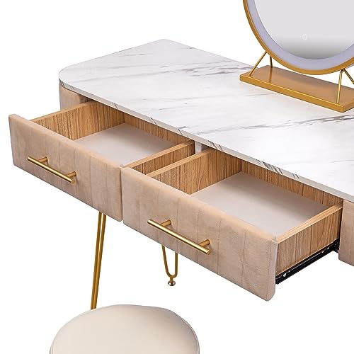 VKKILPEE 39.4" Length Flannel Soft Roll Makeup Vanity Set, Fashionable Soft Roll Makeup Table, 15.8" Touch Control 3 Brightness Options LED Mirror, Large Capacity Storage, Fashionable Soft Roll Stool