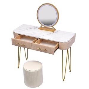 VKKILPEE 39.4" Length Flannel Soft Roll Makeup Vanity Set, Fashionable Soft Roll Makeup Table, 15.8" Touch Control 3 Brightness Options LED Mirror, Large Capacity Storage, Fashionable Soft Roll Stool