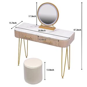 VKKILPEE 39.4" Length Flannel Soft Roll Makeup Vanity Set, Fashionable Soft Roll Makeup Table, 15.8" Touch Control 3 Brightness Options LED Mirror, Large Capacity Storage, Fashionable Soft Roll Stool